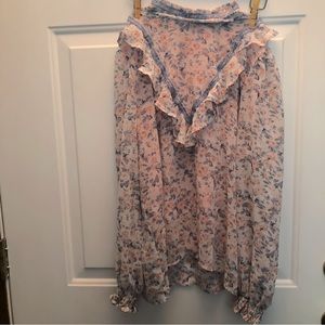 Pink and Blue Floral Ruffled Bib Blouse
